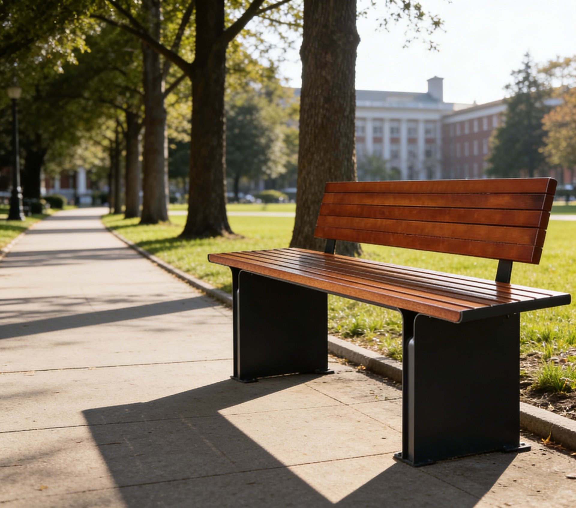 Campus Wood Slat Bench with Panel Base — factory direct