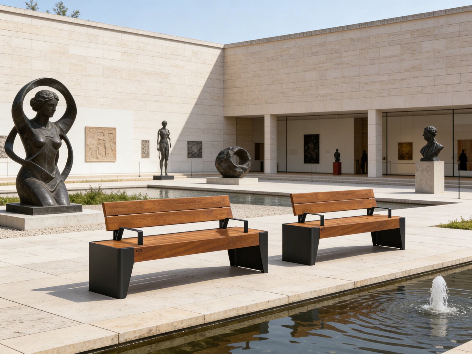 Museum Court Bench with Angled Black Base — factory direct