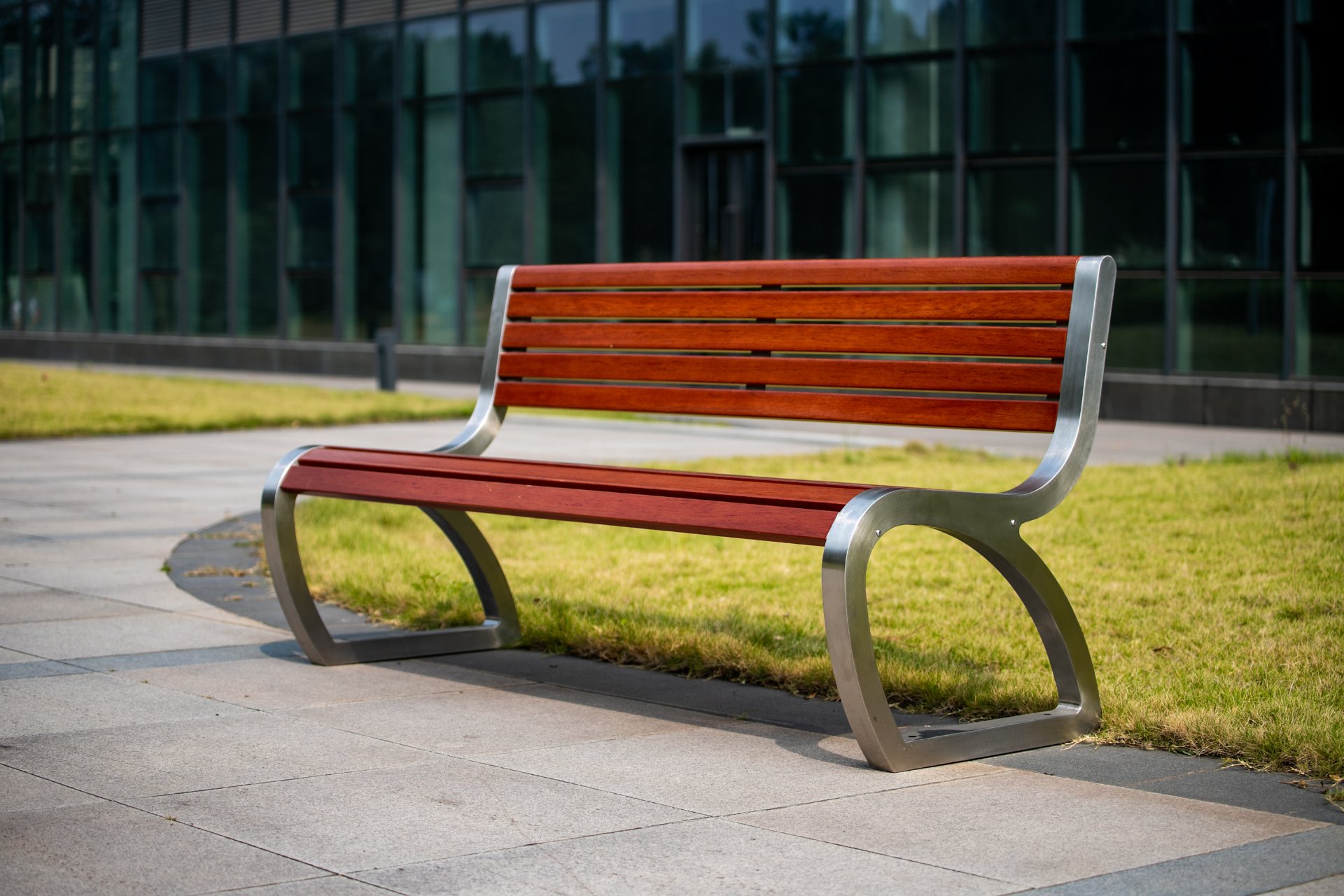Red Slat Bench with Curved Stainless Frame — factory direct