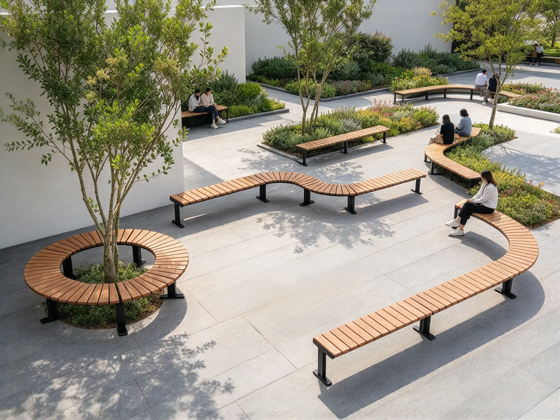 Curved Park Bench System (Plaza Layout) — factory direct