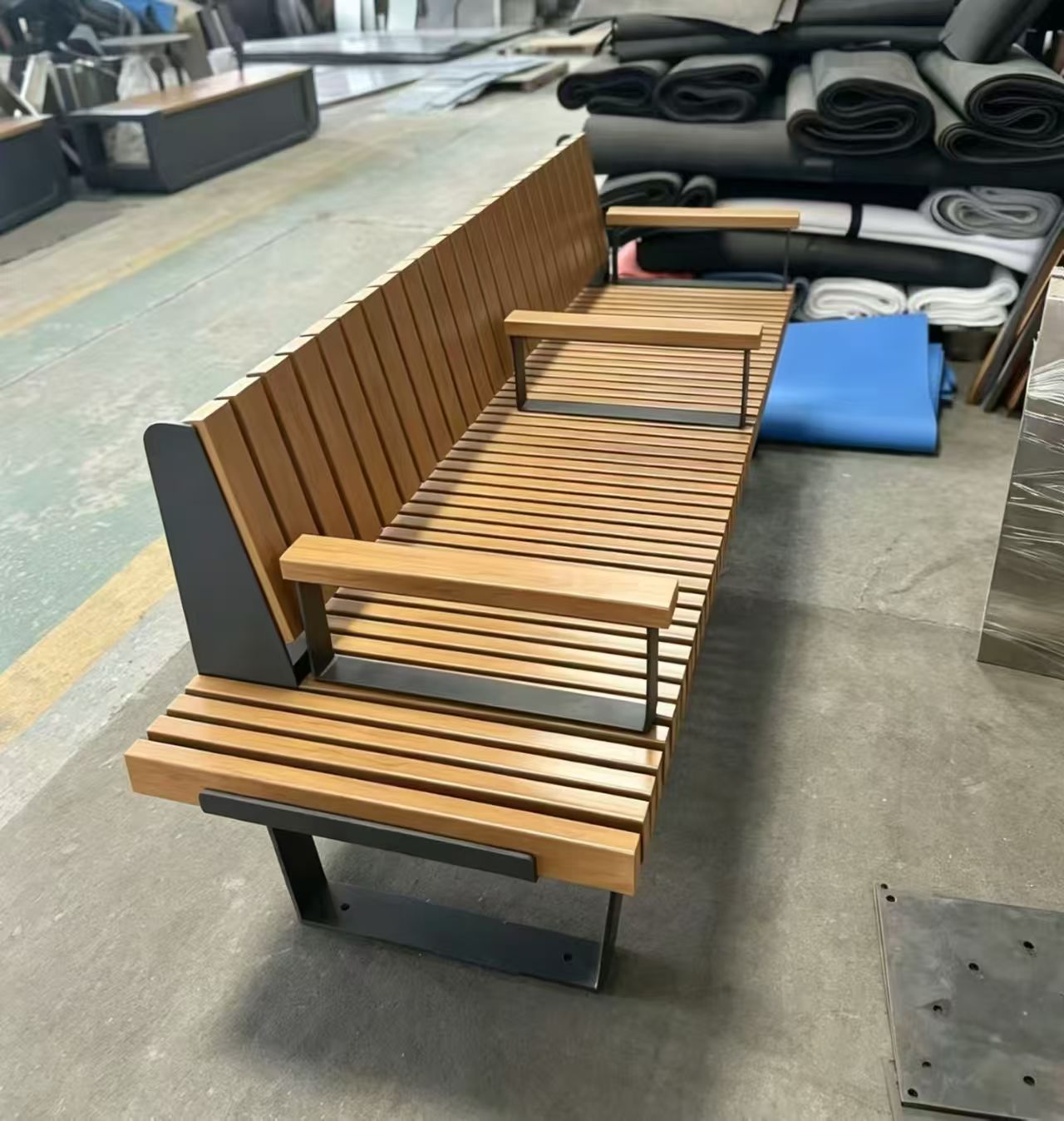 Long Backrest Slat Bench with Steel Base — factory direct