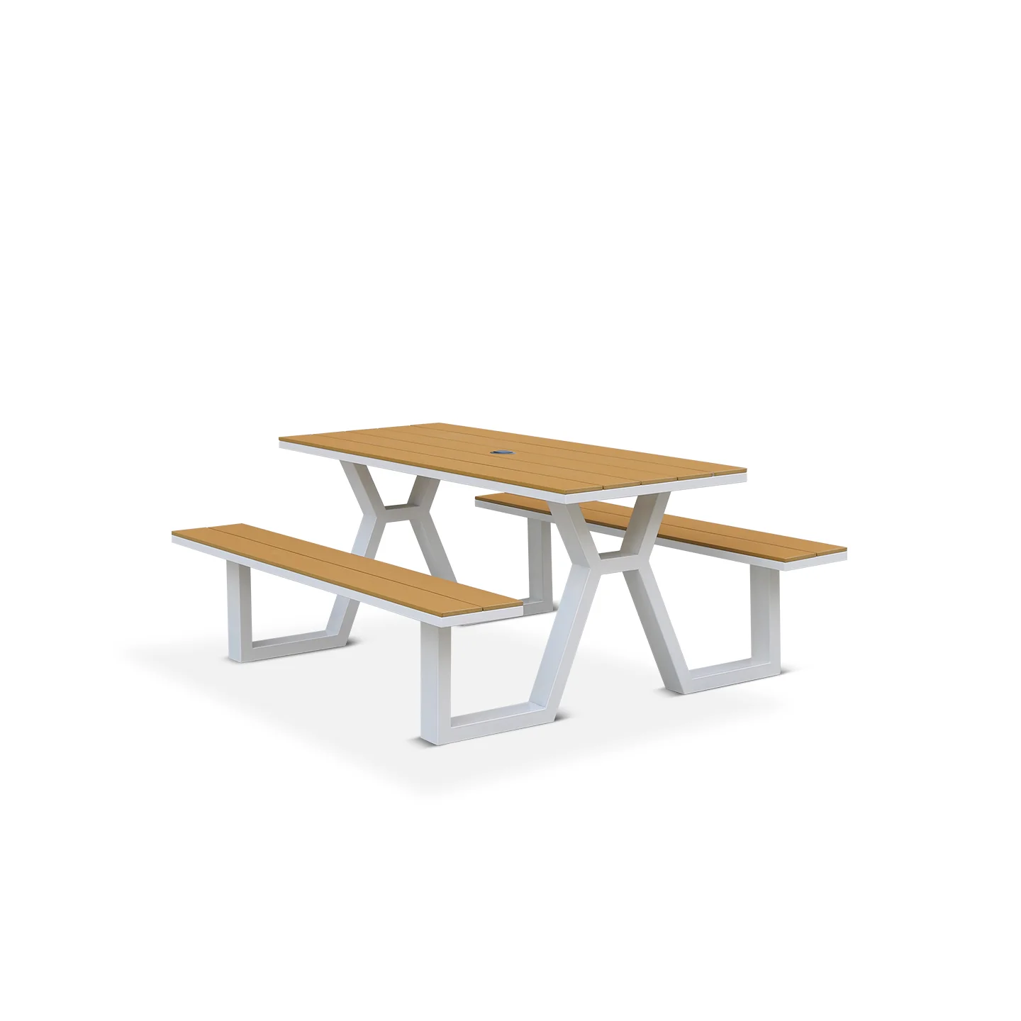 X-Frame Picnic Table — White Frame, Teak Slats — factory direct
