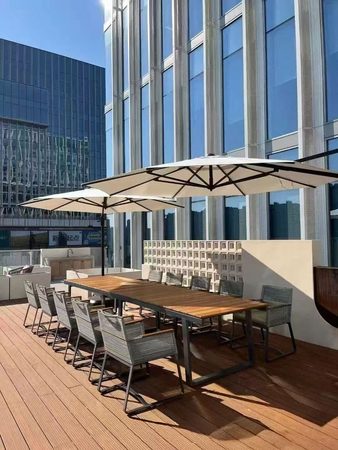 Teak Slat Dining Table with Rope Chairs & Parasols — factory direct