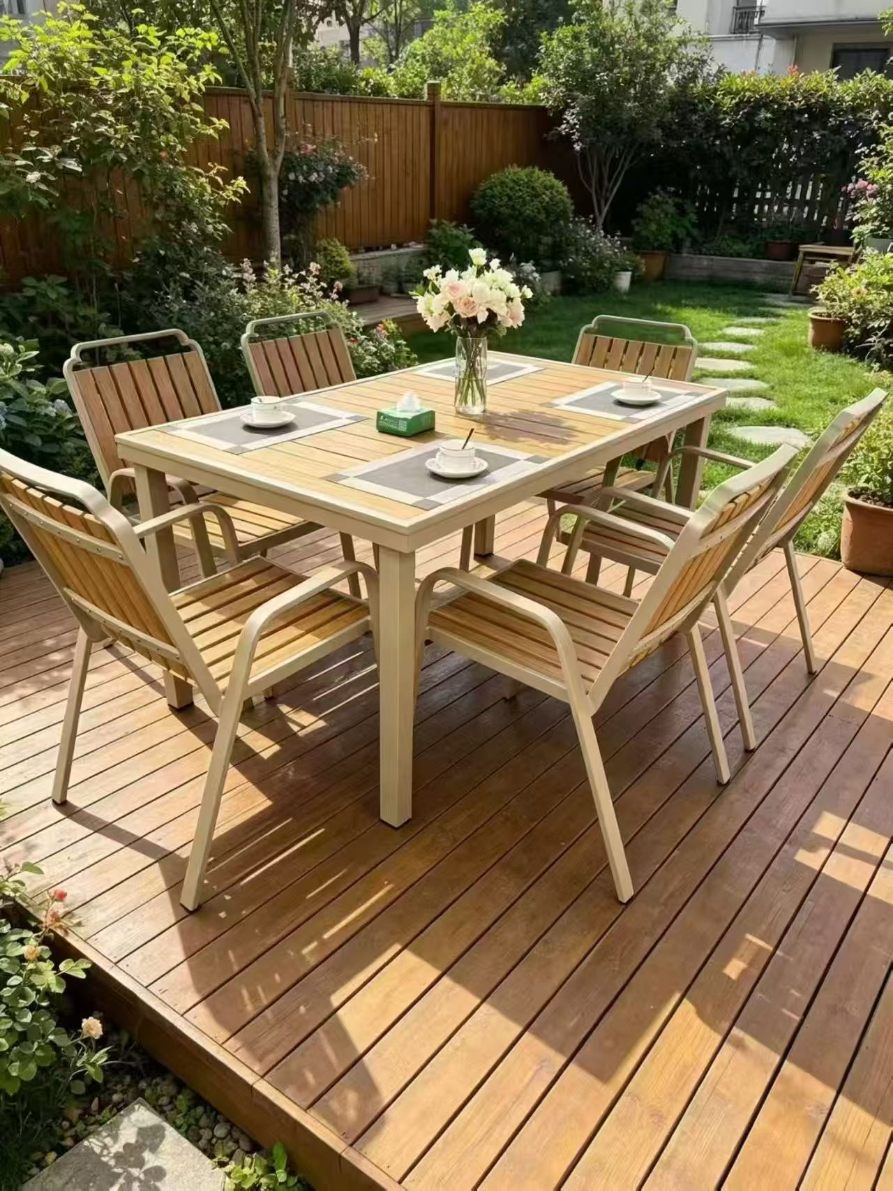 6-Seat Slat Dining Set — White Steel Frame — factory direct