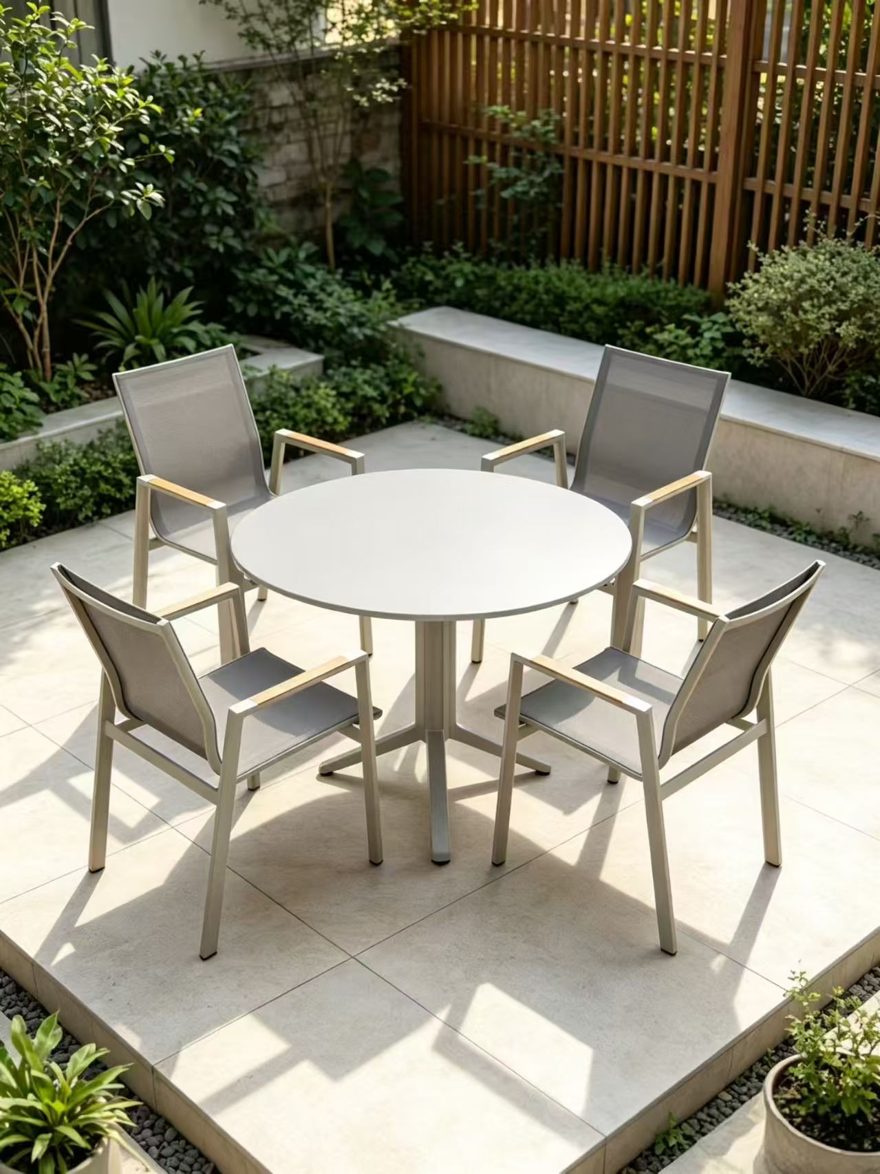 Aluminum Sling 4-Seat Round Dining Set — factory direct