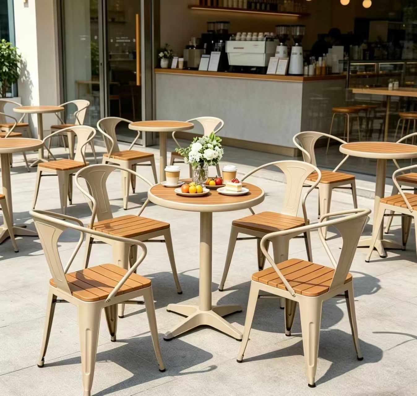 Tolix-Style Bistro Set with Timber Seats — factory direct