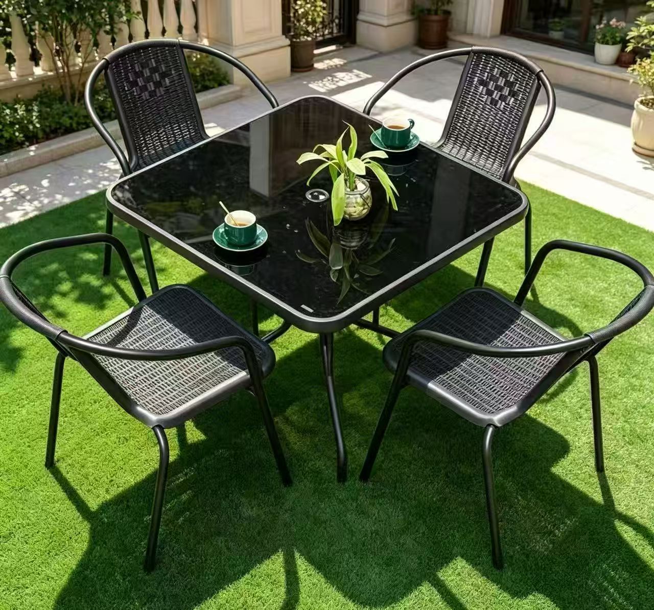 Black Glass 4-Seat Square Bistro Set — factory direct
