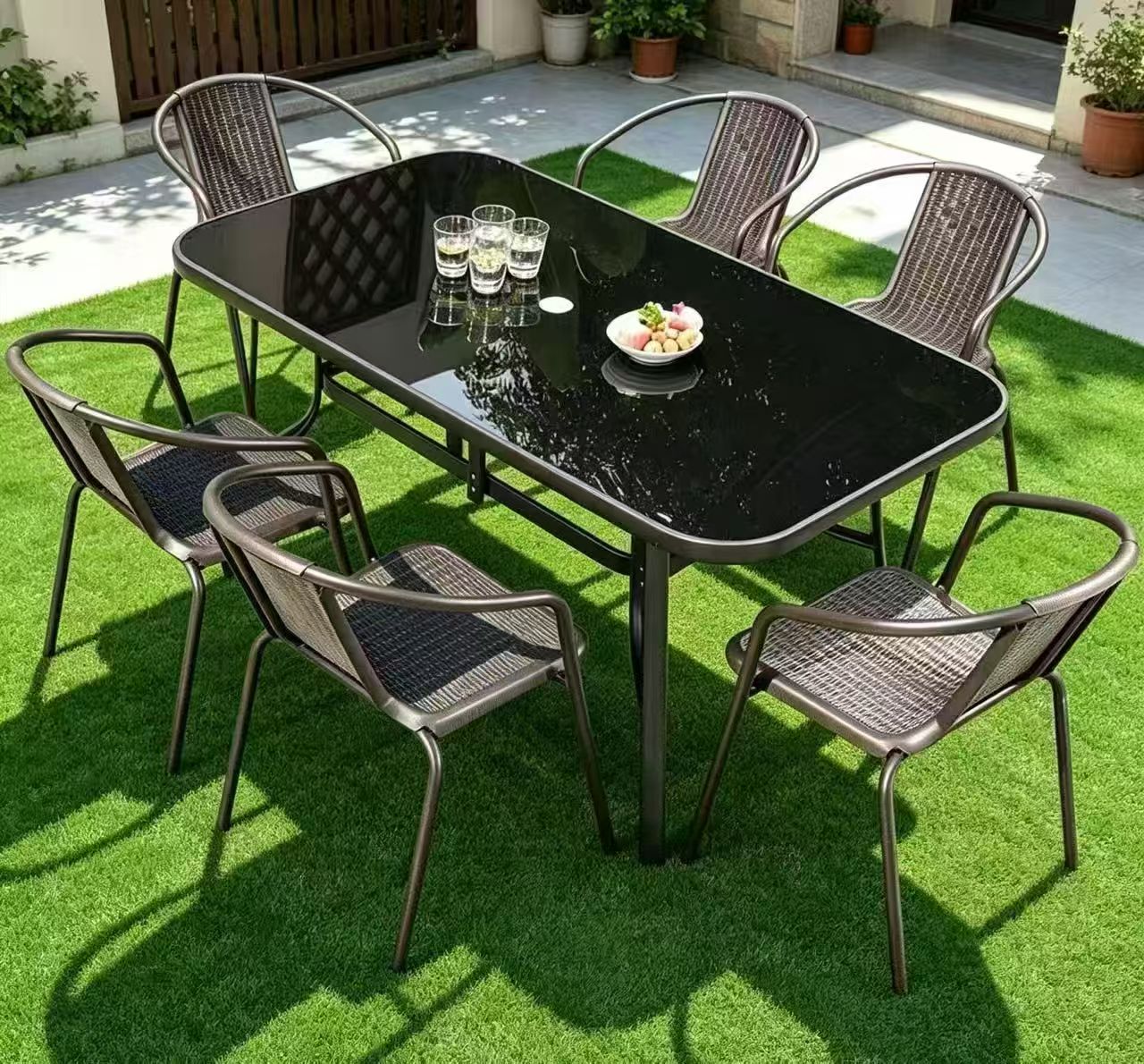 Black Glass 6-Seat Rectangular Dining Set — factory direct