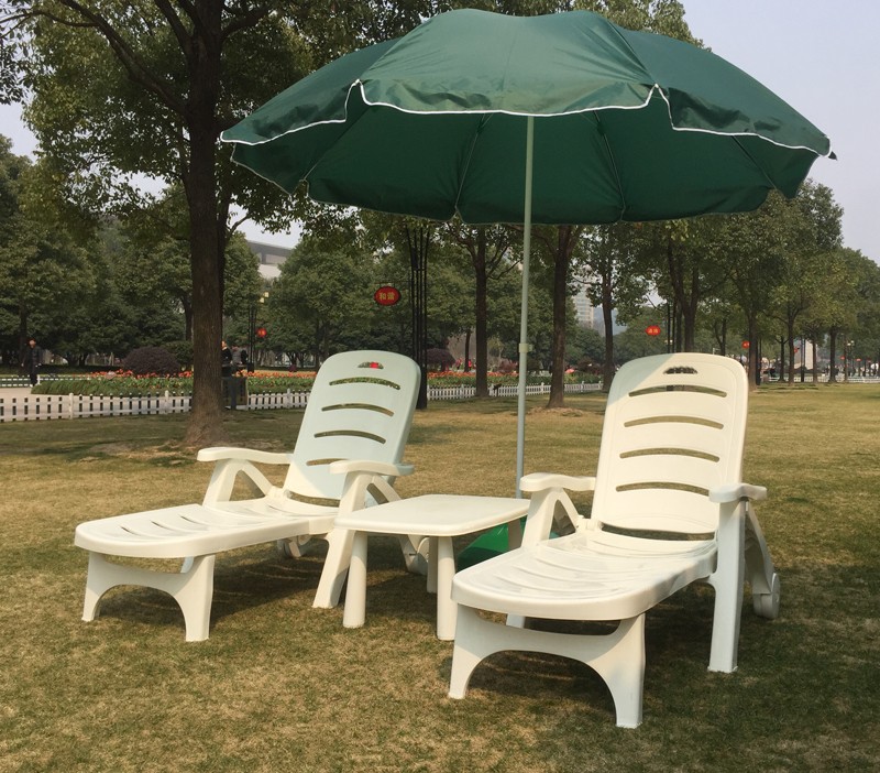 Resin Lounger Set with Table & Green Parasol (2-Seat) — factory direct