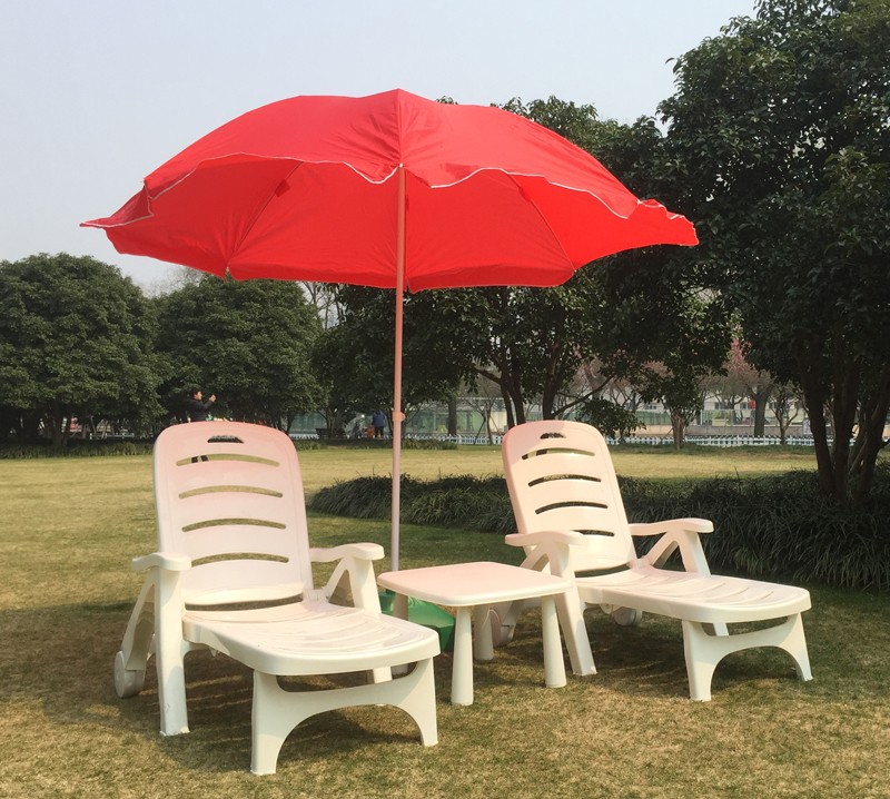 Resin Lounger Set with Table & Red Parasol (2-Seat) — factory direct