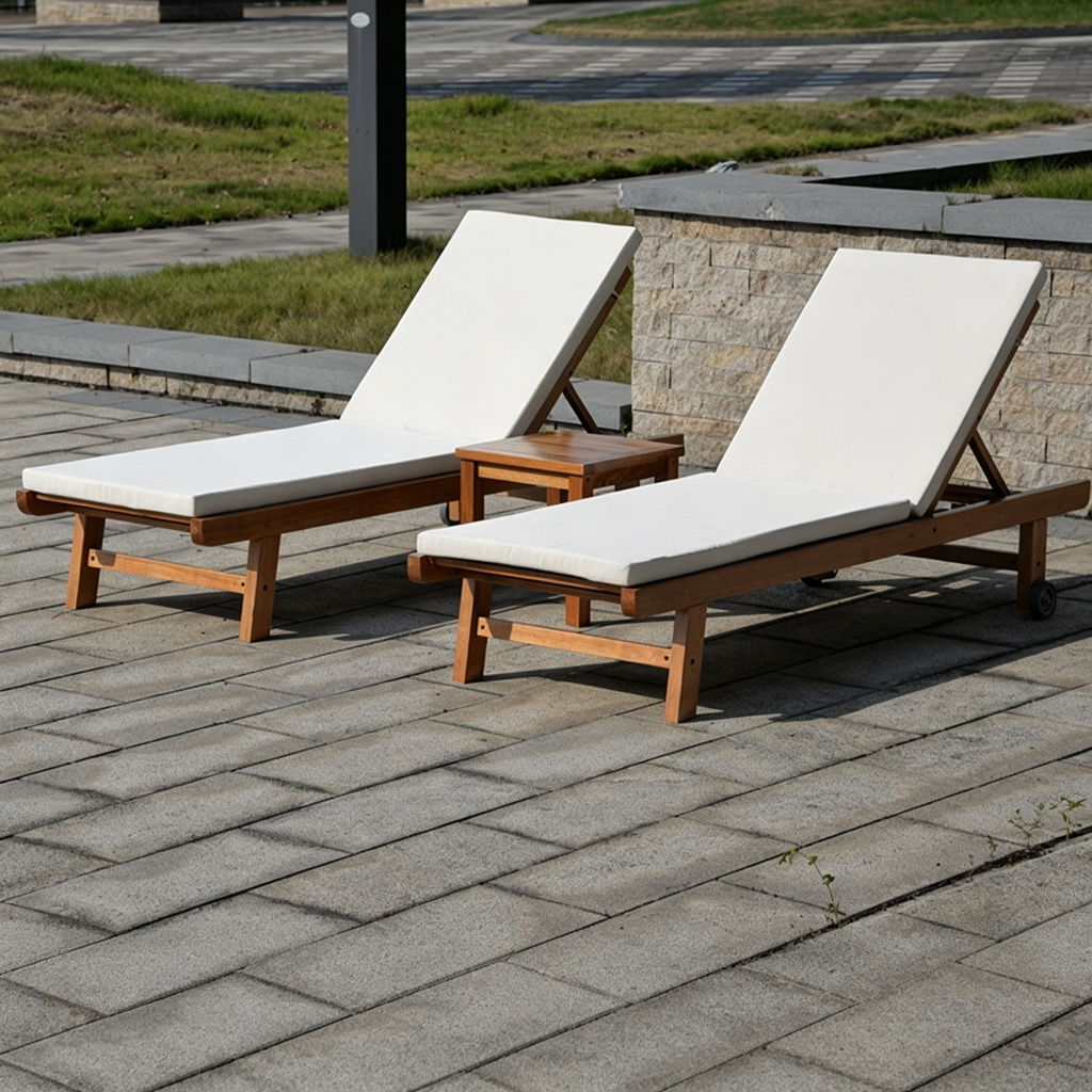 Kempas Hardwood Lounger Pair with Cushions & Side Table — factory direct