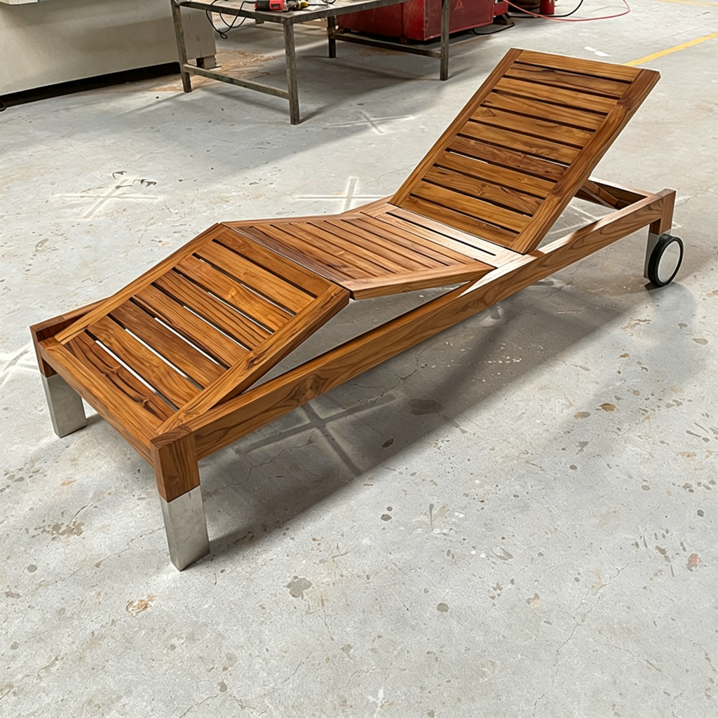Teak Three-Fold Lounger with Stainless Feet & Wheels — factory direct