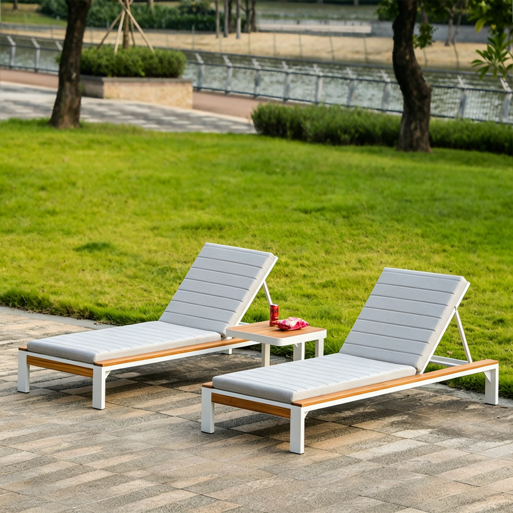 White Aluminum Lounger Pair with Teak Accents & Grey Cushions — factory direct