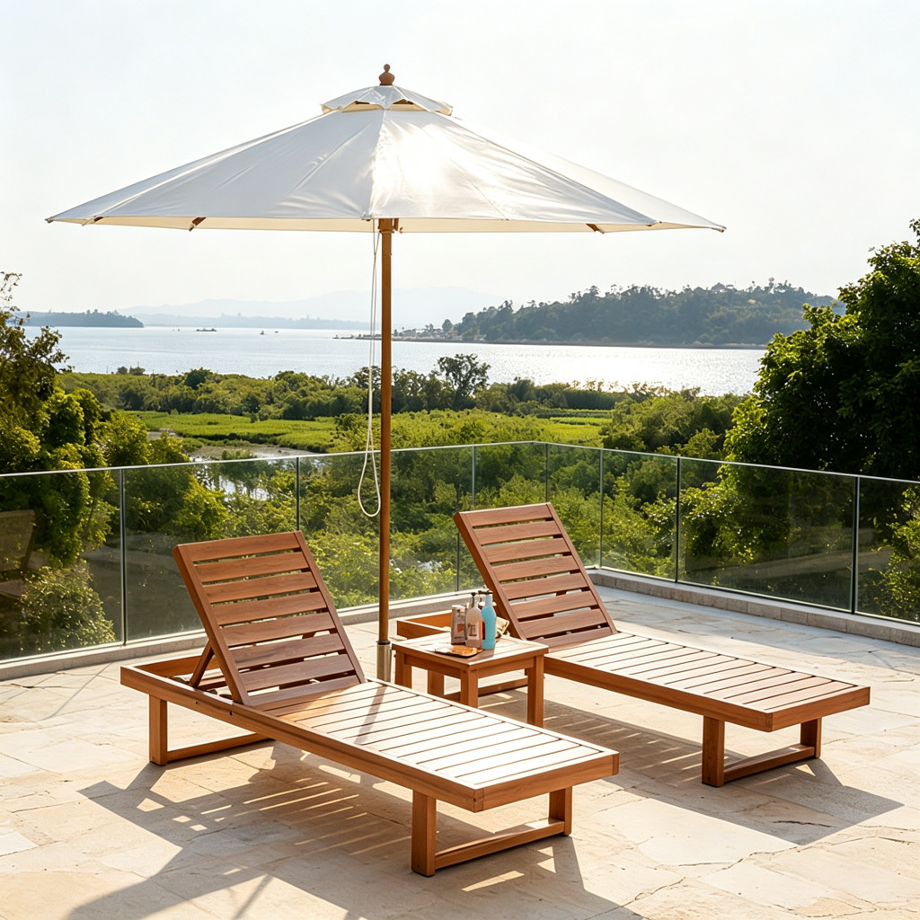 Teak Lounger Pair with Wooden Parasol — Terrace Edition — factory direct