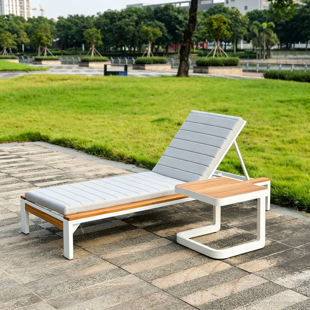 Compact White Aluminum Lounger with Teak Top Side Table — factory direct