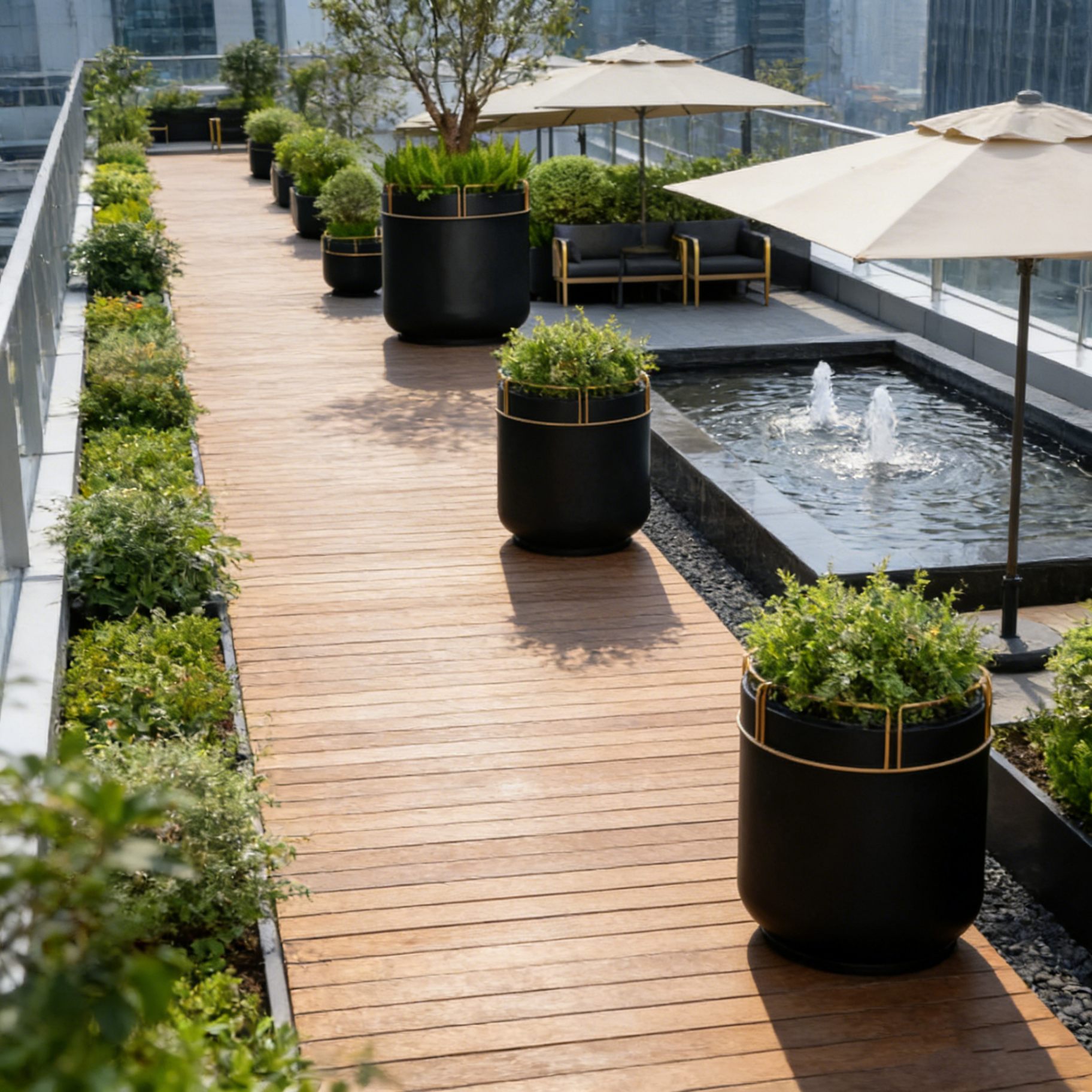 Black Barrel Planter with Gold Rail Rim — factory direct