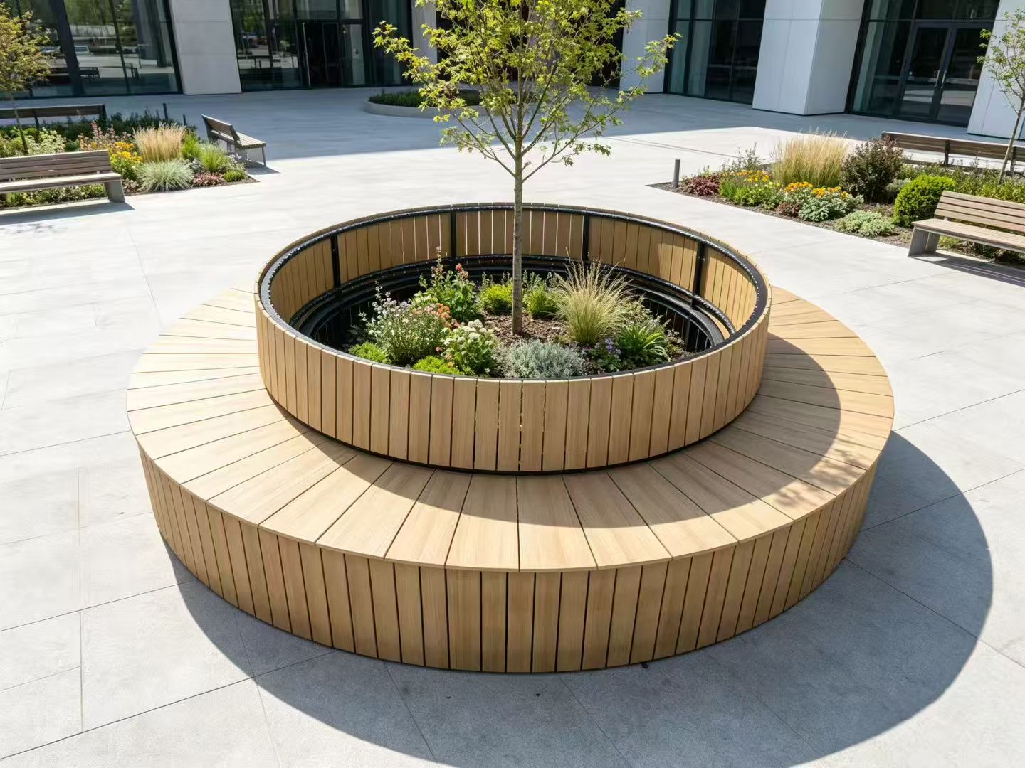Large Circular Planter with Integrated Bench Ring — factory direct
