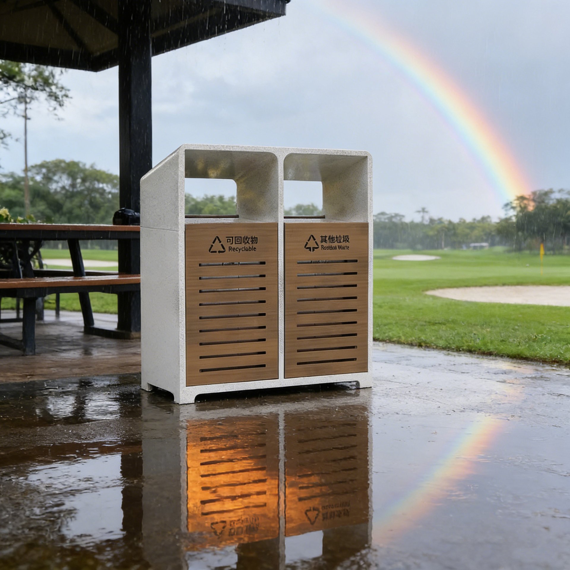 Twin-Stream Wood Slat Recycling Bin (Recyclable / Residual) — factory direct