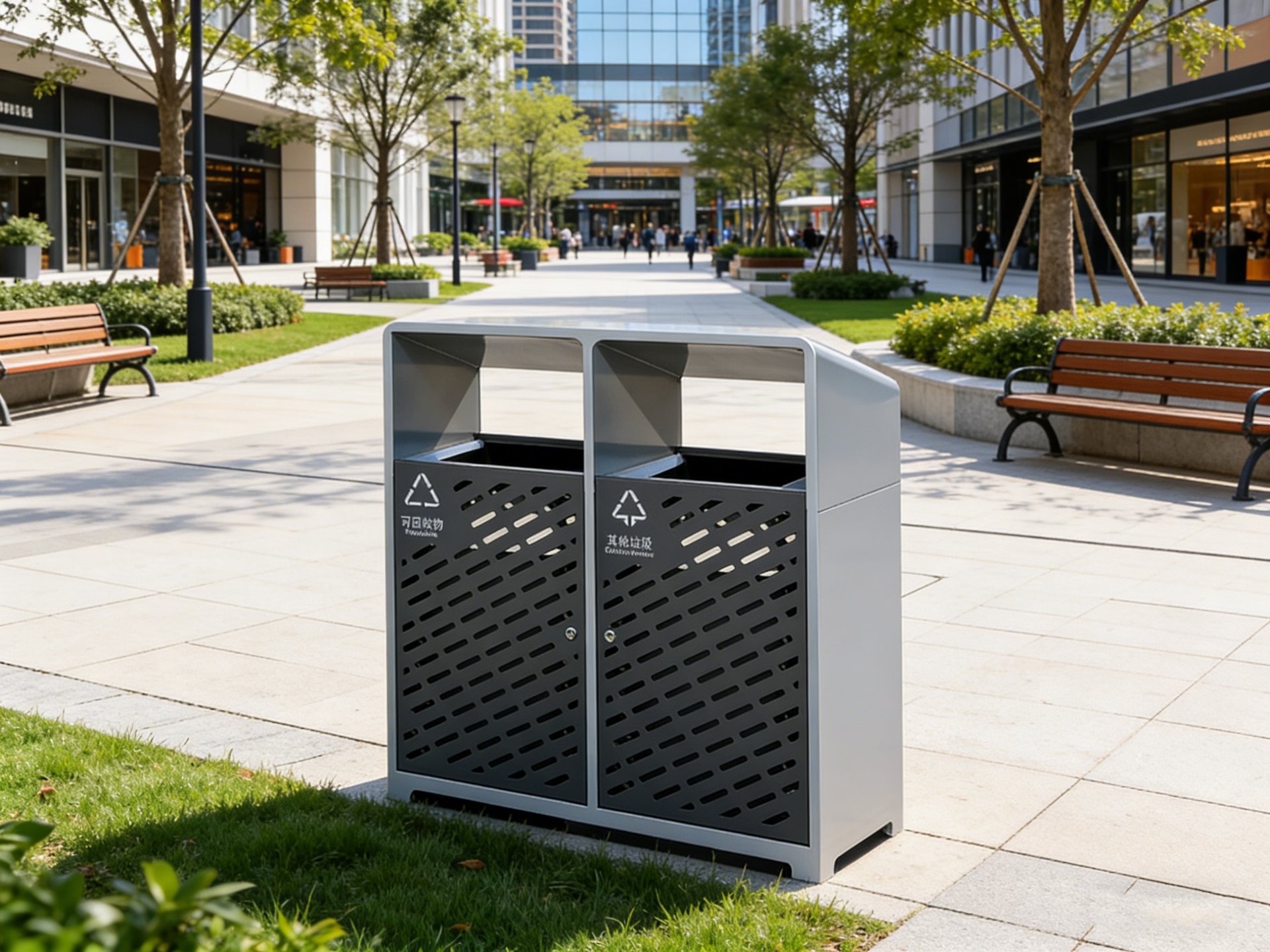Twin-Stream Perforated Steel Recycling Bin — factory direct