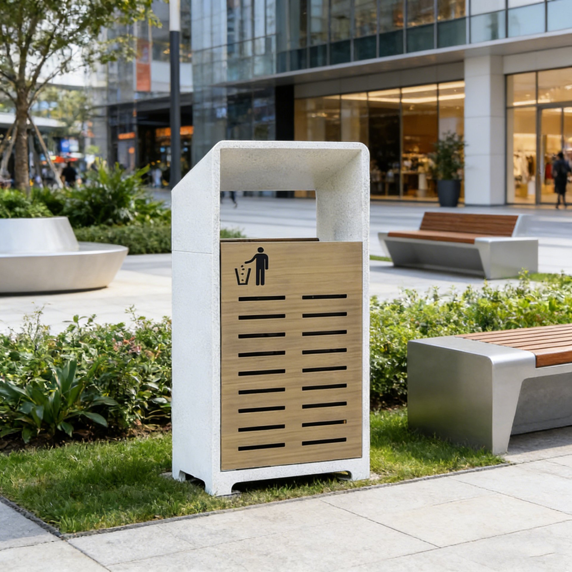 Stone-Effect Single Waste Bin with Wood Slat Front 50L — factory direct