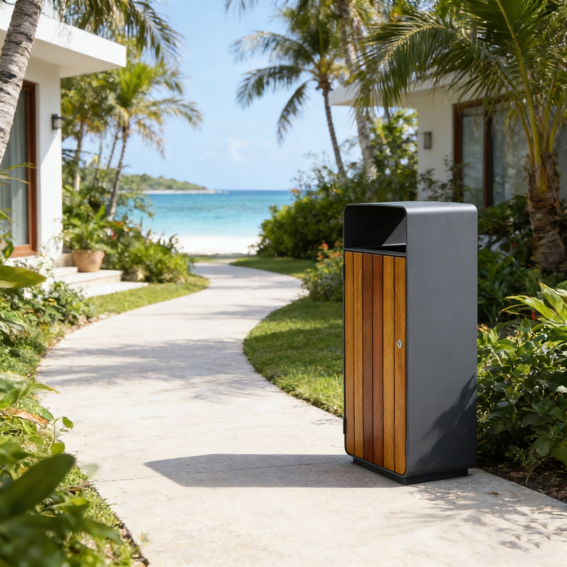 Resort Wood Slat Hooded Waste Bin 70L — factory direct