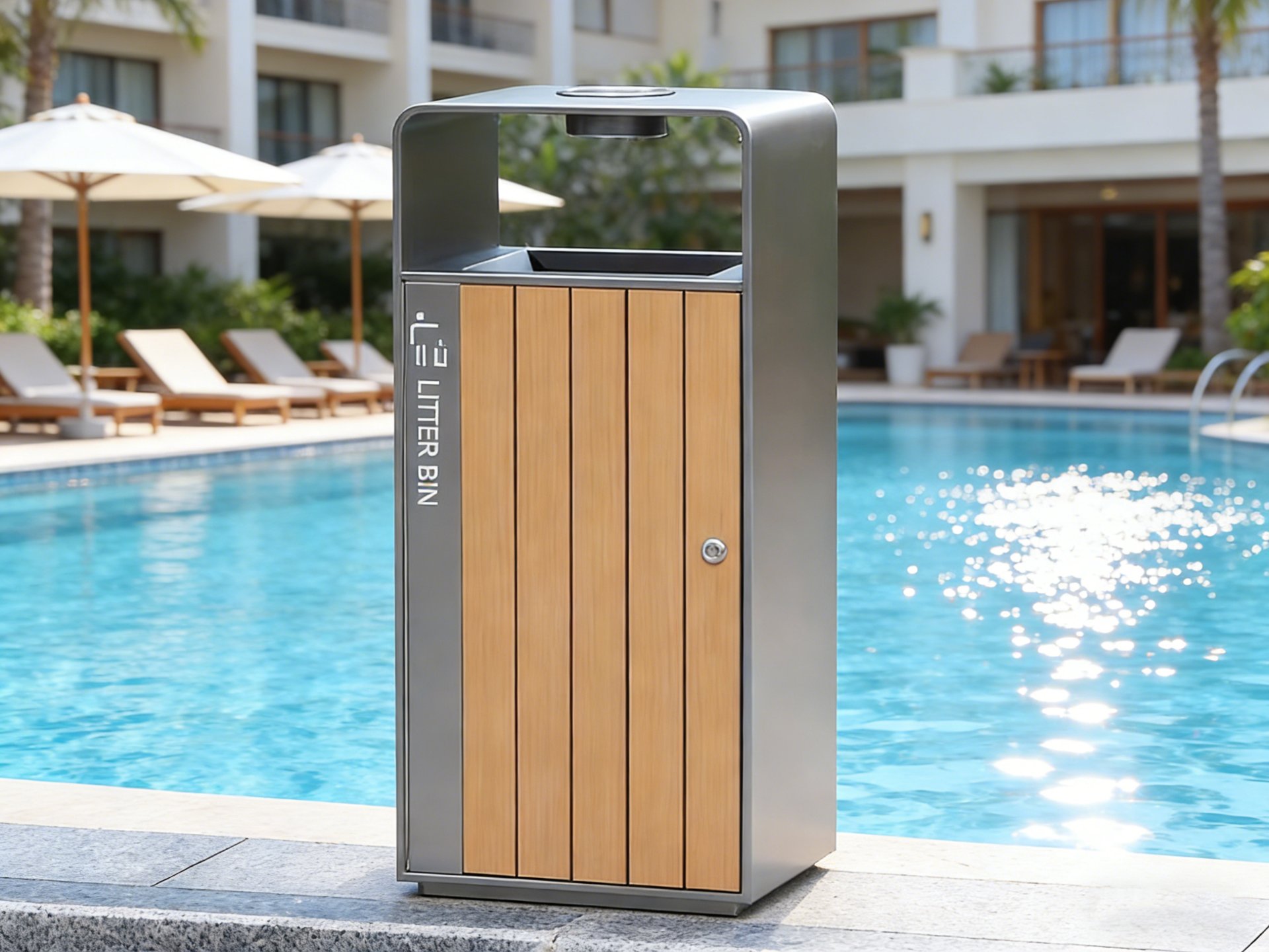 Poolside Wood Slat Litter Bin with Litter Decal 60L — factory direct