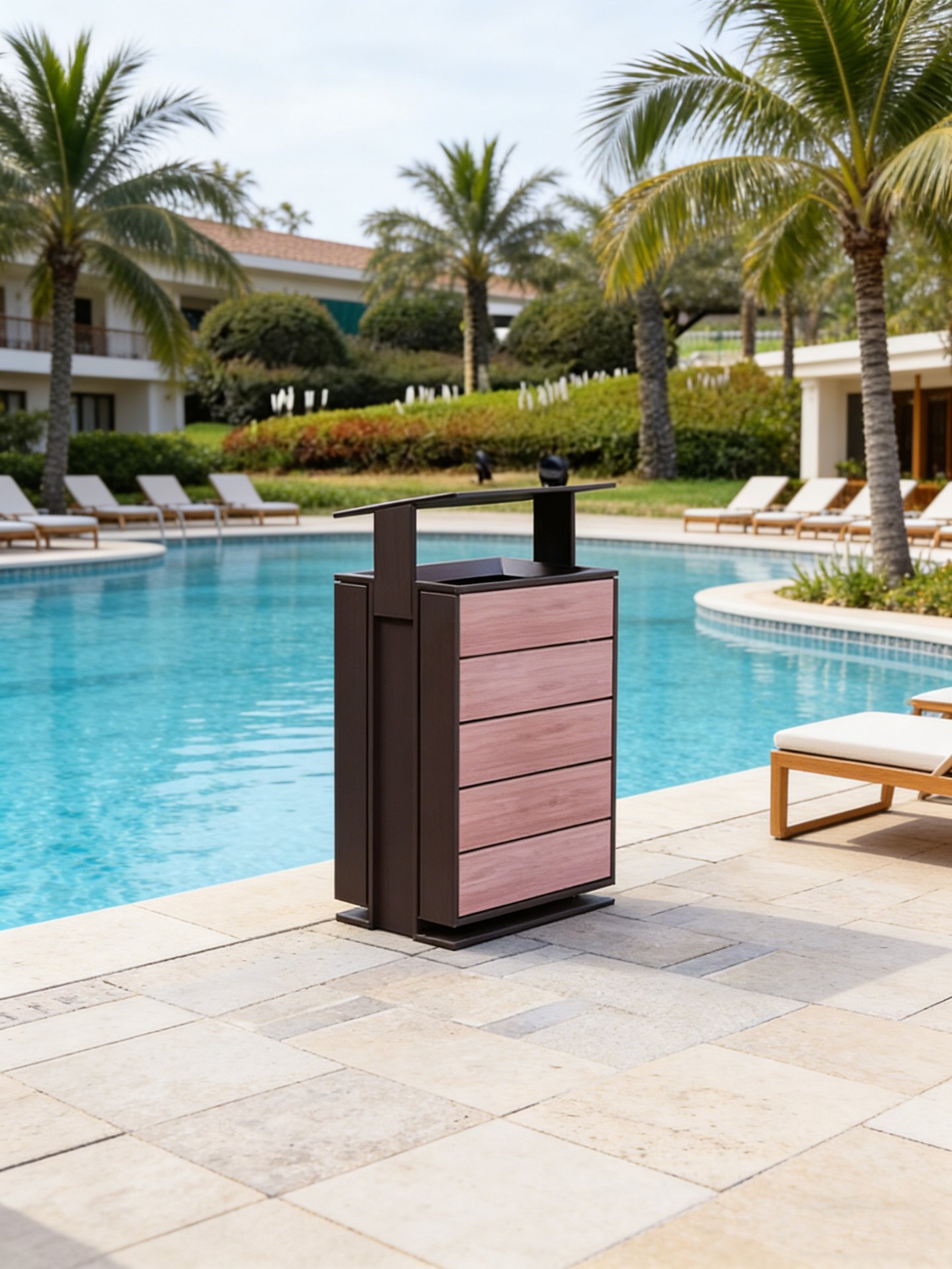 Dark Frame Wood Slat Poolside Bin 50L — factory direct