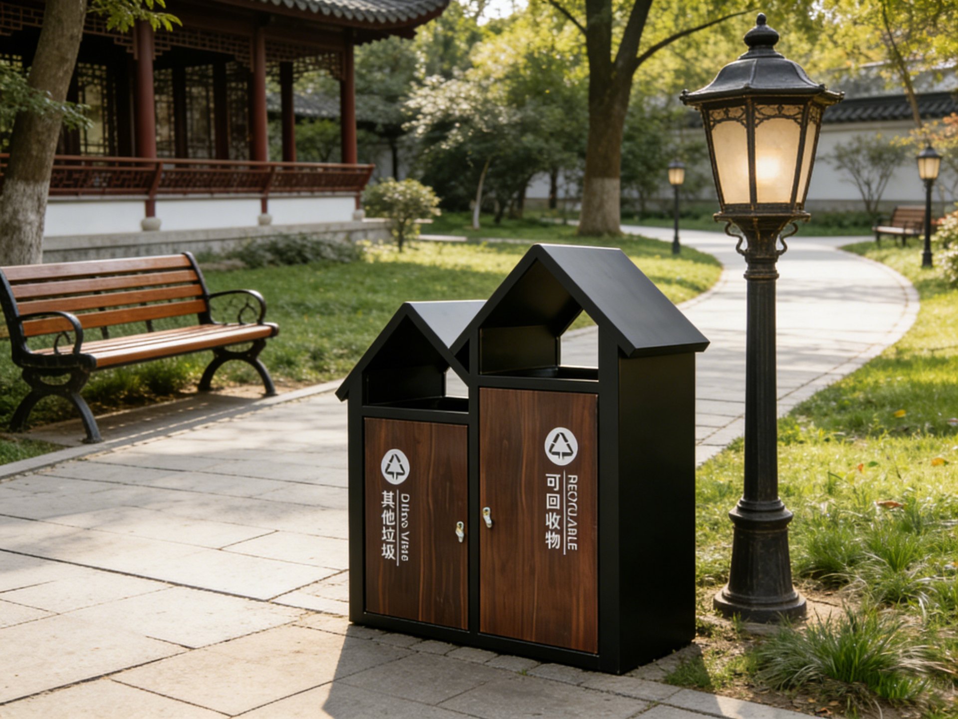House-Roof Wood Dual Waste Bin 2x35L — factory direct