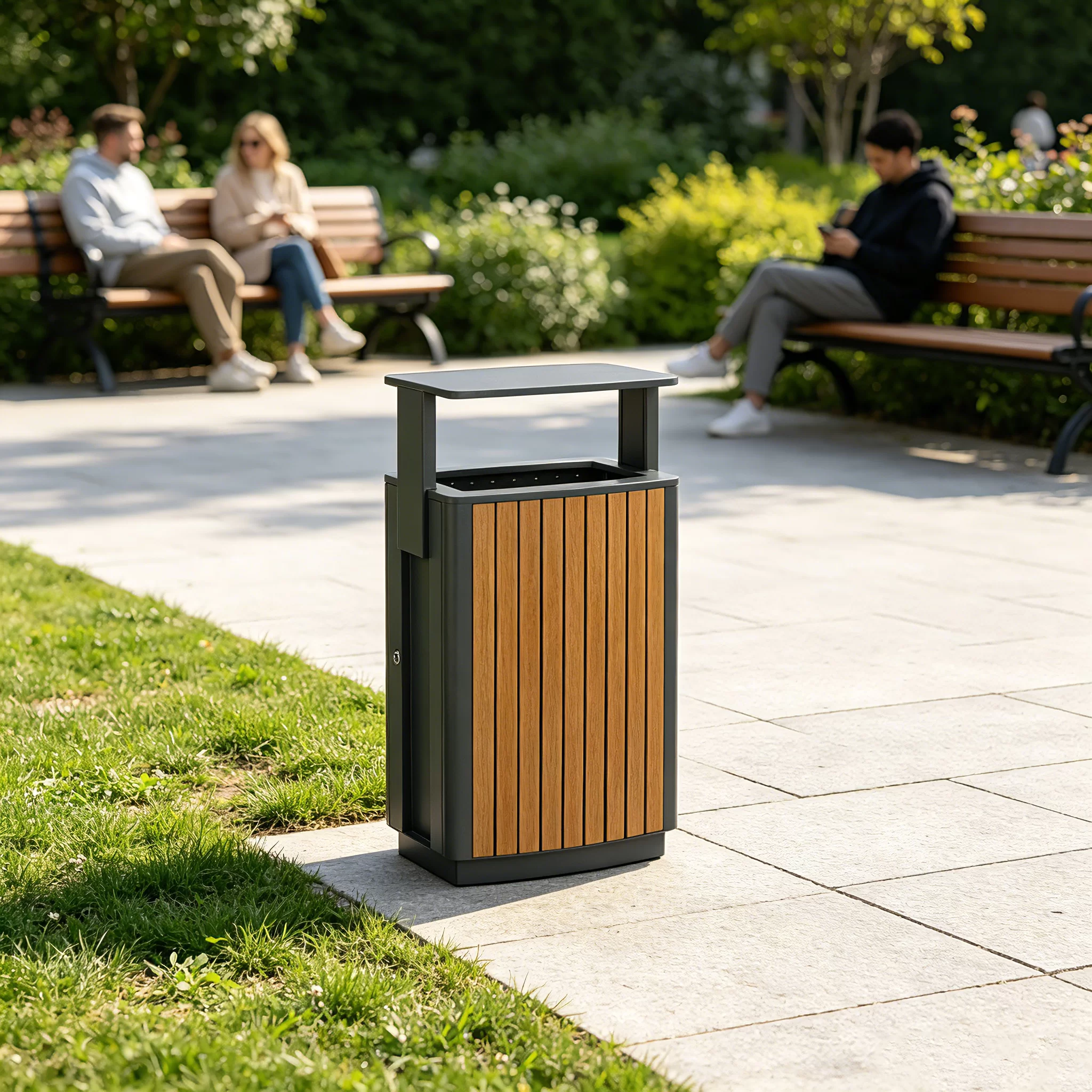 Steel & Wood-Slat Hooded Park Bin 50L — factory direct